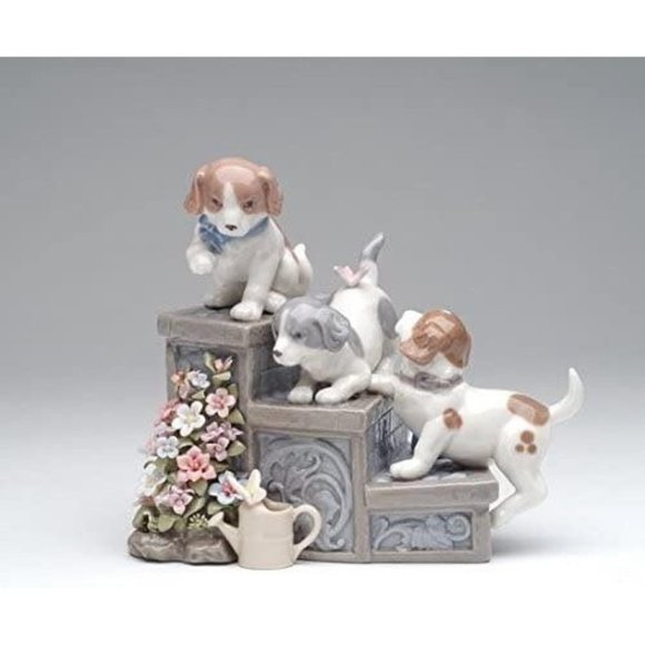 Cosmos Gifts SA49111 Fine Porcelain Three Puppies Dogs On Garden Steps with Flow - Picture 2 of 10